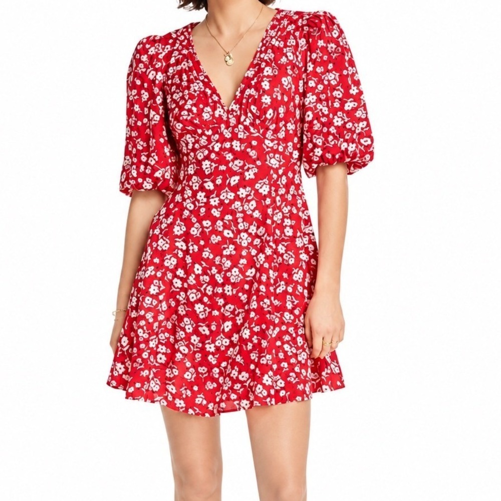 Lini Evie Dress Red White Ditsy Floral Dot Puff Sleeve V-Neck Mini Rayon Large